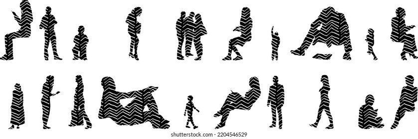 Vector silhouettes, Outline silhouettes of people, Contour drawing, people silhouette, Icon Set Isolated, Silhouette of sitting people, Architectural set	
