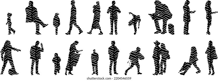 Vector silhouettes, Outline silhouettes of people, Contour drawing, people silhouette, Icon Set Isolated, Silhouette of sitting people, Architectural set	
