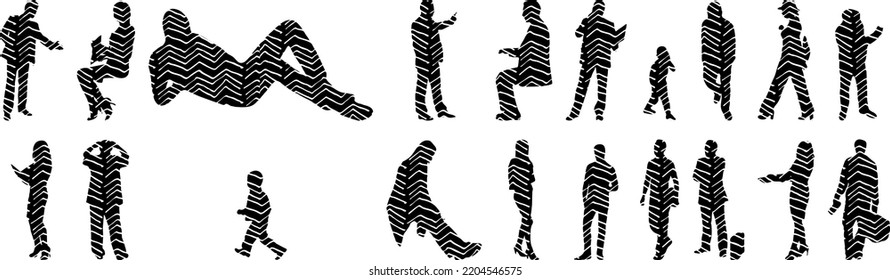 Vector silhouettes, Outline silhouettes of people, Contour drawing, people silhouette, Icon Set Isolated, Silhouette of sitting people, Architectural set	
