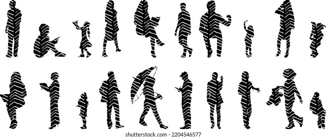 Vector silhouettes, Outline silhouettes of people, Contour drawing, people silhouette, Icon Set Isolated, Silhouette of sitting people, Architectural set	
