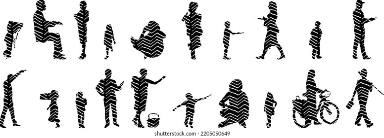 Vector silhouettes, Outline silhouettes of people, Contour drawing, people silhouette, Icon Set Isolated, Silhouette of sitting people, Architectural set	
