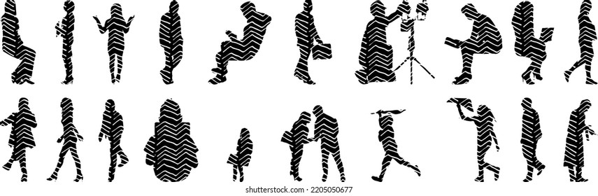 Vector silhouettes, Outline silhouettes of people, Contour drawing, people silhouette, Icon Set Isolated, Silhouette of sitting people, Architectural set	
