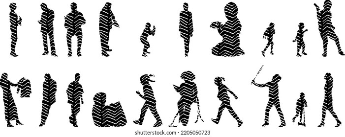 Vector silhouettes, Outline silhouettes of people, Contour drawing, people silhouette, Icon Set Isolated, Silhouette of sitting people, Architectural set	
