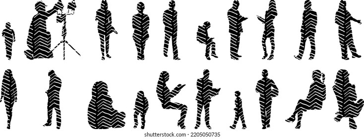 Vector silhouettes, Outline silhouettes of people, Contour drawing, people silhouette, Icon Set Isolated, Silhouette of sitting people, Architectural set	
