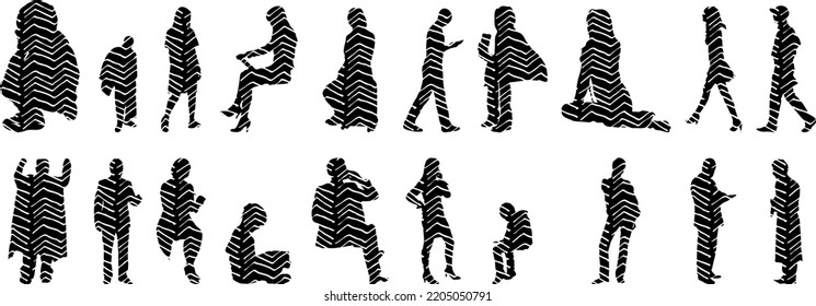 Vector silhouettes, Outline silhouettes of people, Contour drawing, people silhouette, Icon Set Isolated, Silhouette of sitting people, Architectural set	
