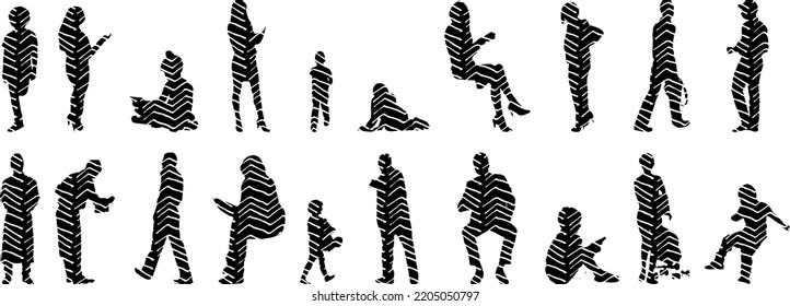 Vector silhouettes, Outline silhouettes of people, Contour drawing, people silhouette, Icon Set Isolated, Silhouette of sitting people, Architectural set	
