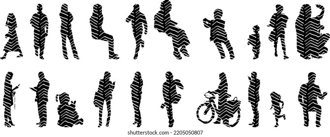 Vector silhouettes, Outline silhouettes of people, Contour drawing, people silhouette, Icon Set Isolated, Silhouette of sitting people, Architectural set	
