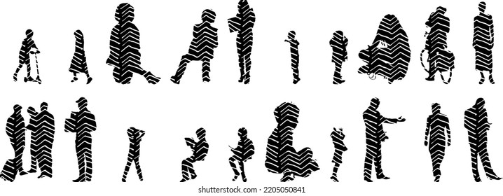 Vector silhouettes, Outline silhouettes of people, Contour drawing, people silhouette, Icon Set Isolated, Silhouette of sitting people, Architectural set	
