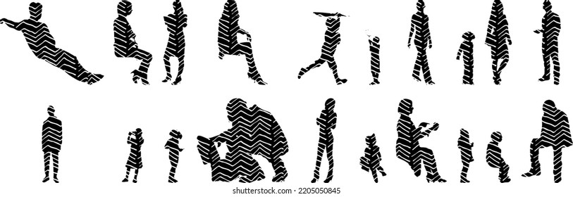 Vector silhouettes, Outline silhouettes of people, Contour drawing, people silhouette, Icon Set Isolated, Silhouette of sitting people, Architectural set	
