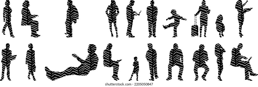Vector silhouettes, Outline silhouettes of people, Contour drawing, people silhouette, Icon Set Isolated, Silhouette of sitting people, Architectural set	
