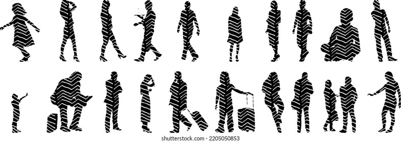 Vector silhouettes, Outline silhouettes of people, Contour drawing, people silhouette, Icon Set Isolated, Silhouette of sitting people, Architectural set	
