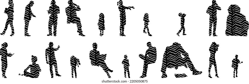 Vector silhouettes, Outline silhouettes of people, Contour drawing, people silhouette, Icon Set Isolated, Silhouette of sitting people, Architectural set	

