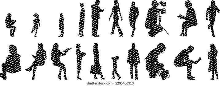 Siluetas vectoriales, Siluetas de contorno de personas, Dibujo de contorno, silueta de personas, Conjunto de iconos aislados, Silueta de personas sentadas, Conjunto arquitectónico	
