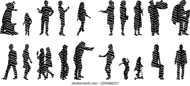 Vector silhouettes, Outline silhouettes of people, Contour drawing, people silhouette, Icon Set Isolated, Silhouette of sitting people, Architectural set	
