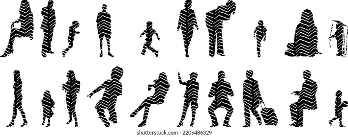 Vector silhouettes, Outline silhouettes of people, Contour drawing, people silhouette, Icon Set Isolated, Silhouette of sitting people, Architectural set	
