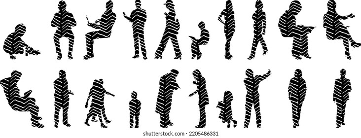 Siluetas vectoriales, Siluetas de contorno de personas, Dibujo de contorno, silueta de personas, Conjunto de iconos aislados, Silueta de personas sentadas, Conjunto arquitectónico	
