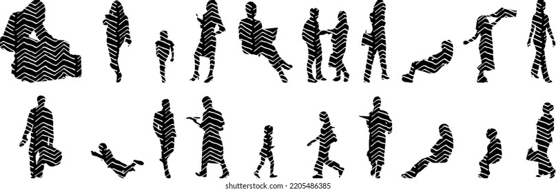 Vector silhouettes, Outline silhouettes of people, Contour drawing, people silhouette, Icon Set Isolated, Silhouette of sitting people, Architectural set	
