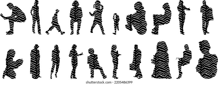 Vector silhouettes, Outline silhouettes of people, Contour drawing, people silhouette, Icon Set Isolated, Silhouette of sitting people, Architectural set	
