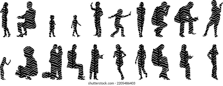 Vector silhouettes, Outline silhouettes of people, Contour drawing, people silhouette, Icon Set Isolated, Silhouette of sitting people, Architectural set	
