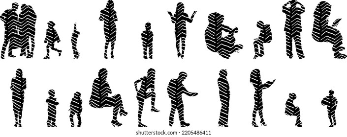 Vector silhouettes, Outline silhouettes of people, Contour drawing, people silhouette, Icon Set Isolated, Silhouette of sitting people, Architectural set	
