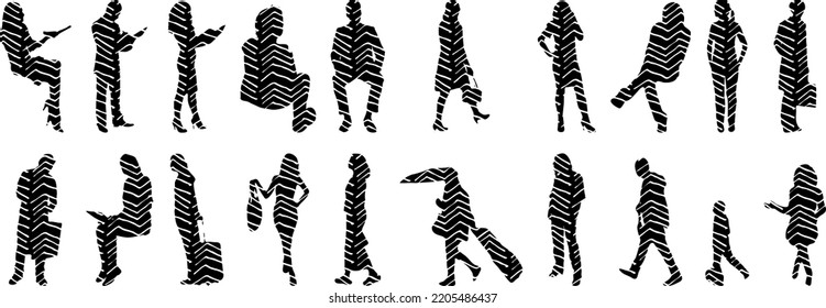 Vector silhouettes, Outline silhouettes of people, Contour drawing, people silhouette, Icon Set Isolated, Silhouette of sitting people, Architectural set	

