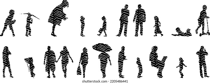 Vector silhouettes, Outline silhouettes of people, Contour drawing, people silhouette, Icon Set Isolated, Silhouette of sitting people, Architectural set	
