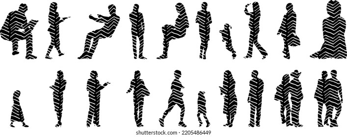 Vector silhouettes, Outline silhouettes of people, Contour drawing, people silhouette, Icon Set Isolated, Silhouette of sitting people, Architectural set	
