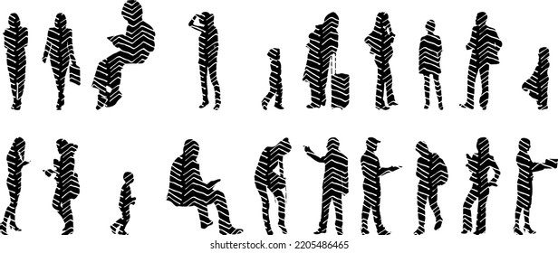 Siluetas vectoriales, Siluetas de contorno de personas, Dibujo de contorno, silueta de personas, Conjunto de iconos aislados, Silueta de personas sentadas, Conjunto arquitectónico	
