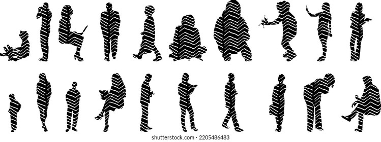 Vector silhouettes, Outline silhouettes of people, Contour drawing, people silhouette, Icon Set Isolated, Silhouette of sitting people, Architectural set	
