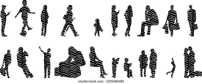 Vector silhouettes, Outline silhouettes of people, Contour drawing, people silhouette, Icon Set Isolated, Silhouette of sitting people, Architectural set	
