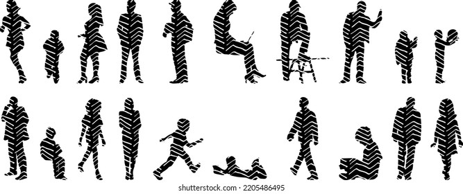 Vector silhouettes, Outline silhouettes of people, Contour drawing, people silhouette, Icon Set Isolated, Silhouette of sitting people, Architectural set	
