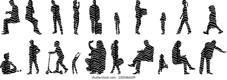 Vector silhouettes, Outline silhouettes of people, Contour drawing, people silhouette, Icon Set Isolated, Silhouette of sitting people, Architectural set	
