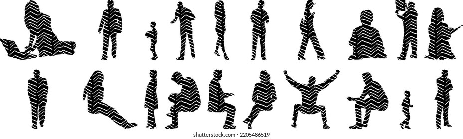 Vector silhouettes, Outline silhouettes of people, Contour drawing, people silhouette, Icon Set Isolated, Silhouette of sitting people, Architectural set	
