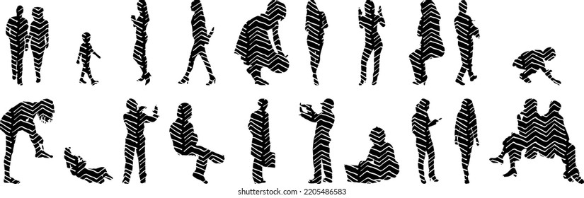 Vector silhouettes, Outline silhouettes of people, Contour drawing, people silhouette, Icon Set Isolated, Silhouette of sitting people, Architectural set	
