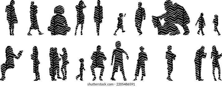 Vector silhouettes, Outline silhouettes of people, Contour drawing, people silhouette, Icon Set Isolated, Silhouette of sitting people, Architectural set	
