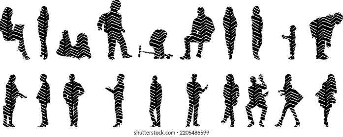 Vector silhouettes, Outline silhouettes of people, Contour drawing, people silhouette, Icon Set Isolated, Silhouette of sitting people, Architectural set	
