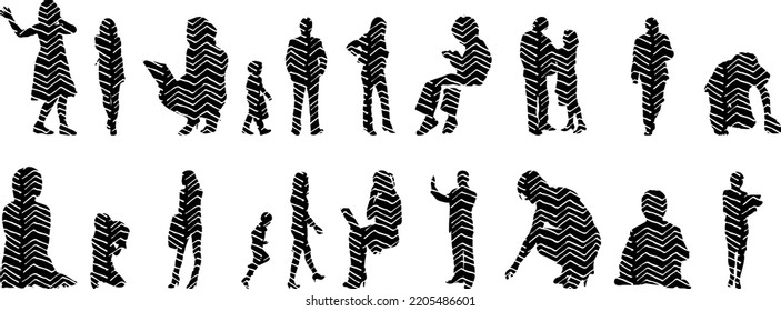 Vector silhouettes, Outline silhouettes of people, Contour drawing, people silhouette, Icon Set Isolated, Silhouette of sitting people, Architectural set	
