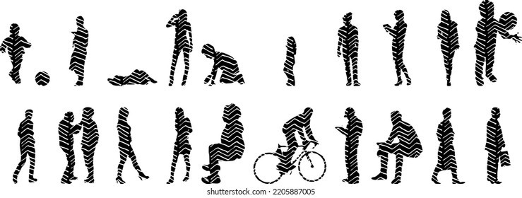 Vector silhouettes, Outline silhouettes of people, Contour drawing, people silhouette, Icon Set Isolated, Silhouette of sitting people, Architectural set	
