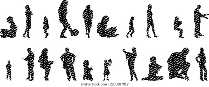 Vector silhouettes, Outline silhouettes of people, Contour drawing, people silhouette, Icon Set Isolated, Silhouette of sitting people, Architectural set	
