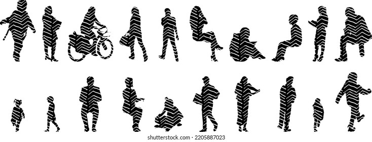 Vector silhouettes, Outline silhouettes of people, Contour drawing, people silhouette, Icon Set Isolated, Silhouette of sitting people, Architectural set	
