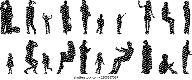 Vector silhouettes, Outline silhouettes of people, Contour drawing, people silhouette, Icon Set Isolated, Silhouette of sitting people, Architectural set	
