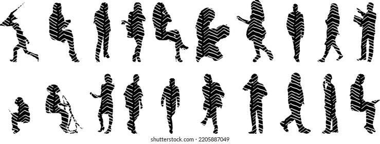 Vector silhouettes, Outline silhouettes of people, Contour drawing, people silhouette, Icon Set Isolated, Silhouette of sitting people, Architectural set	
