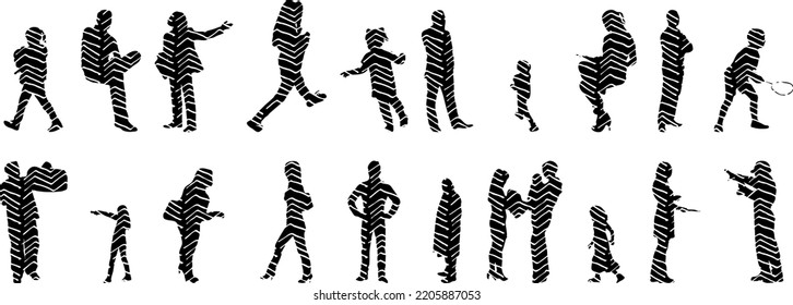 Vector silhouettes, Outline silhouettes of people, Contour drawing, people silhouette, Icon Set Isolated, Silhouette of sitting people, Architectural set	
