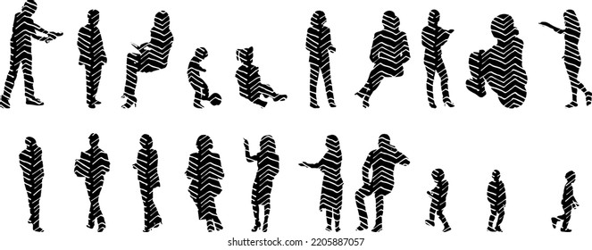 Vector silhouettes, Outline silhouettes of people, Contour drawing, people silhouette, Icon Set Isolated, Silhouette of sitting people, Architectural set	
