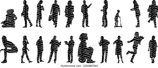 Vector silhouettes, Outline silhouettes of people, Contour drawing, people silhouette, Icon Set Isolated, Silhouette of sitting people, Architectural set	
