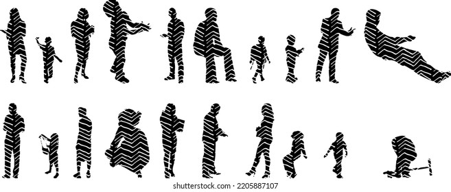Vector silhouettes, Outline silhouettes of people, Contour drawing, people silhouette, Icon Set Isolated, Silhouette of sitting people, Architectural set	
