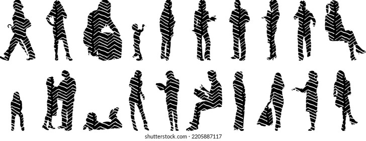 Vector silhouettes, Outline silhouettes of people, Contour drawing, people silhouette, Icon Set Isolated, Silhouette of sitting people, Architectural set	
