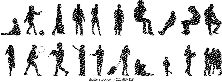 Vector silhouettes, Outline silhouettes of people, Contour drawing, people silhouette, Icon Set Isolated, Silhouette of sitting people, Architectural set	
