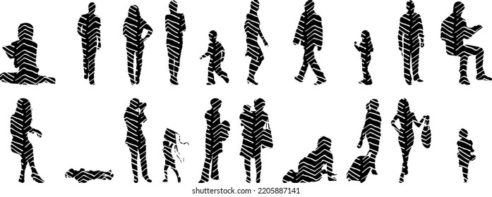Vector silhouettes, Outline silhouettes of people, Contour drawing, people silhouette, Icon Set Isolated, Silhouette of sitting people, Architectural set	
