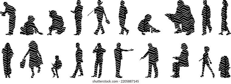 Vector silhouettes, Outline silhouettes of people, Contour drawing, people silhouette, Icon Set Isolated, Silhouette of sitting people, Architectural set	
